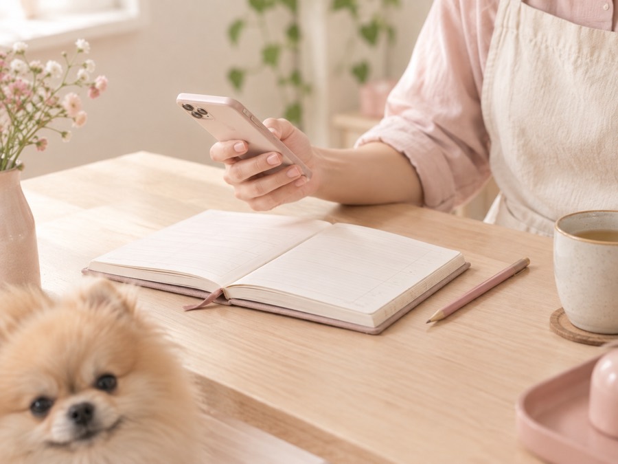 A phone and appointment notebook on the studio front desk